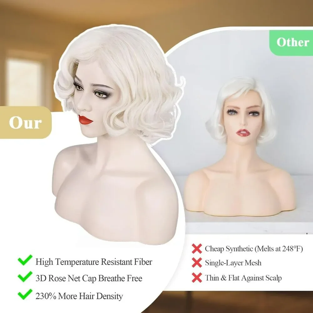 Platinum Blonde Short Curly Anime Cosplay Wig 1920s Flapper Halloween + Net Cap